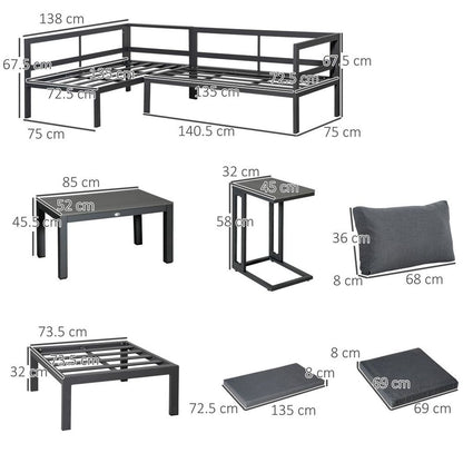 5-Piece Corner Garden Furniture Set w/ 2 Tables, Grey Aluminium Frame