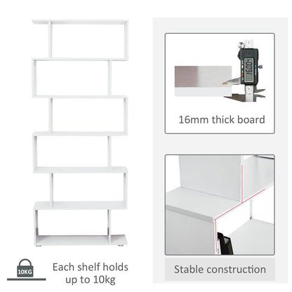 Wooden S Shape Bookcase Storage Display 6 Shelves Room Divider Cabinet-White