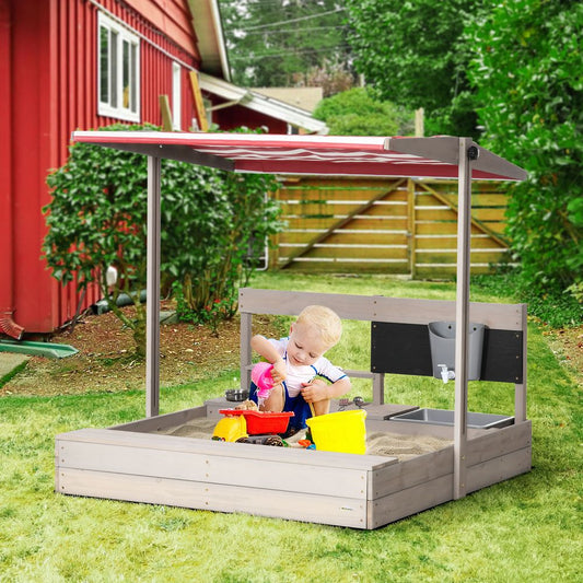 Kids Wooden Sandbox w/ Canopy, Kitchen Toys, Seat, Storage, for Outdoor