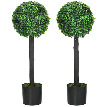 HOMCOM Set of 2 Potted Artificial Plants Boxwood Ball Trees Outdoor, 60cm