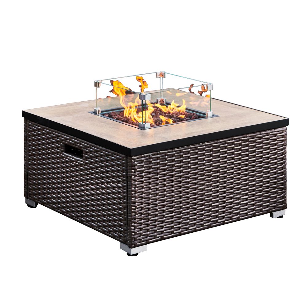 Outdoor Garden Rattan Gas Fire Pit Table with Screen, Rocks & Cover