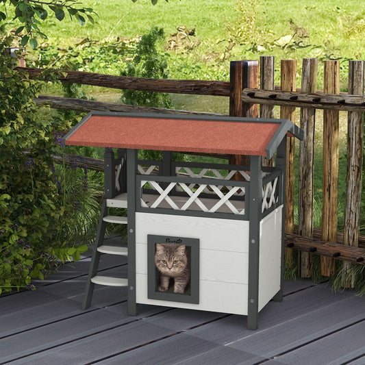 PawHut Outdoor Cat House with Balcony Stairs Roof, White