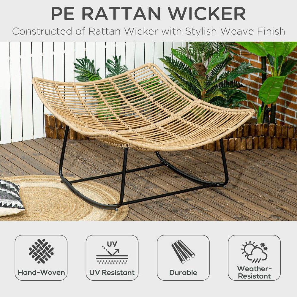 Rattan Rocking Chair, Cushioned Wicker Porch Chair, Natural Wood Finish