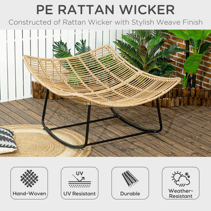 Rattan Rocking Chair, Cushioned Wicker Porch Chair, Natural Wood Finish