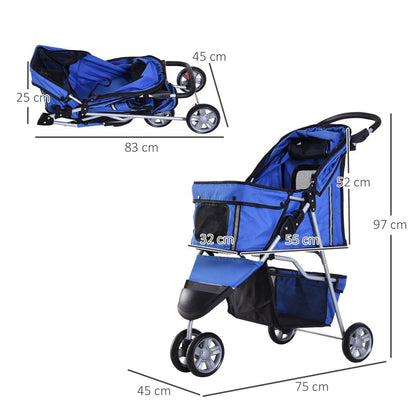 Pet Stroller Pushchair Carrier for Cat Puppy with 3 Wheels Blue Pawhut