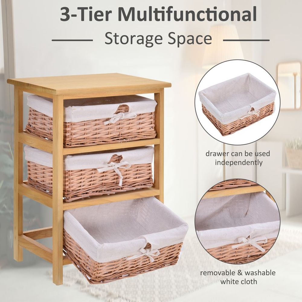 3 Drawer Wicker Basket Storage Shelf Unit Wooden Frame Home Natural