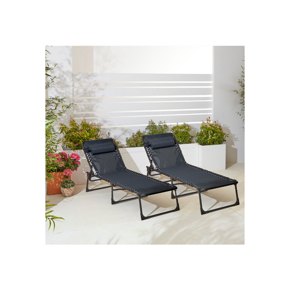 Two Neo Black Outdoor Folding Garden Sun Lounger