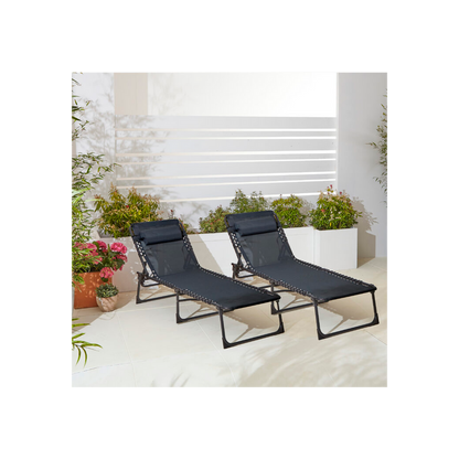 Two Neo Black Outdoor Folding Garden Sun Lounger