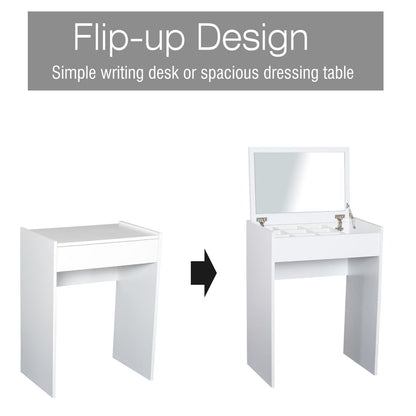 Dressing Table Set Padded Stool  Flip-up Mirror Multi-purpose - White