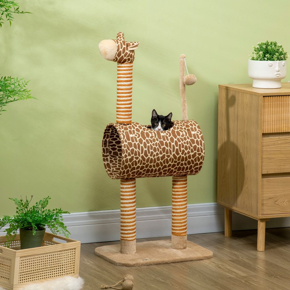 Cat Tree Cute Giraffe Kitten Play Tower W/ Scratching Posts Tunnel Ball Pawhut