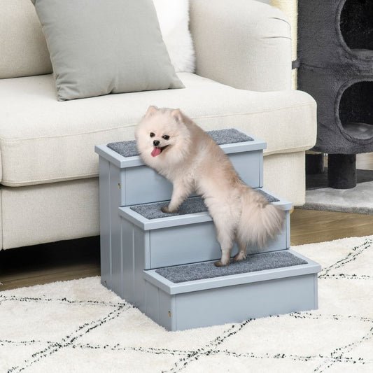 3 Step Wooden Dog Steps Pet Stairs Cat Ladder for Bed with Storage Grey Pawhut