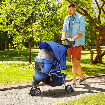 Pet Stroller Pushchair Carrier for Cat Puppy with 3 Wheels Blue Pawhut