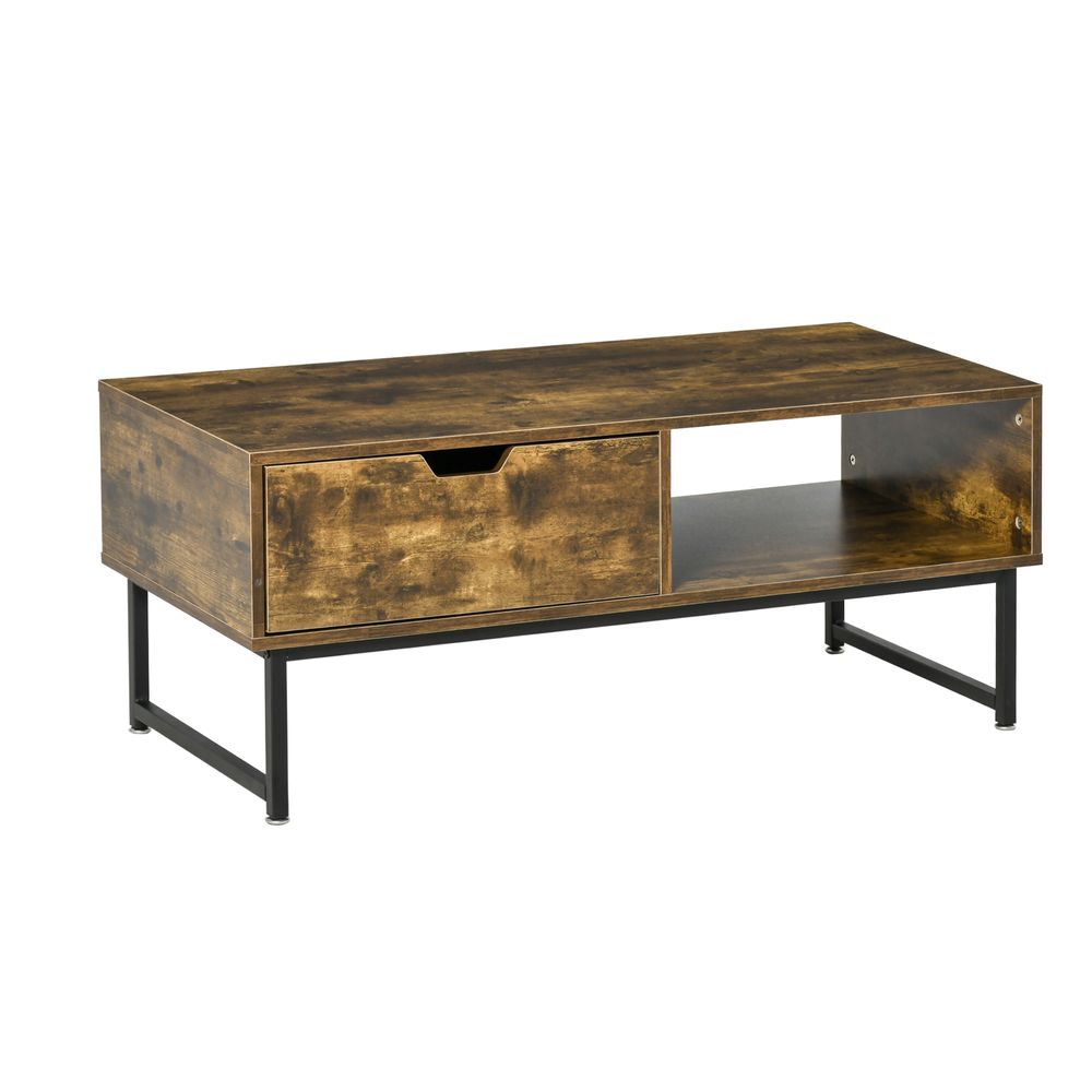 Coffee Table Wood Finish Metal Frame Sofa Table  Drawer & Shelf Brown