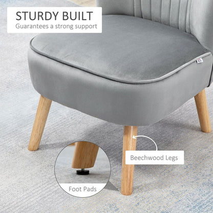 Velvet-Feel Accent Chair w/ Ottoman Tub Seat Padding Wood Legs Light Grey