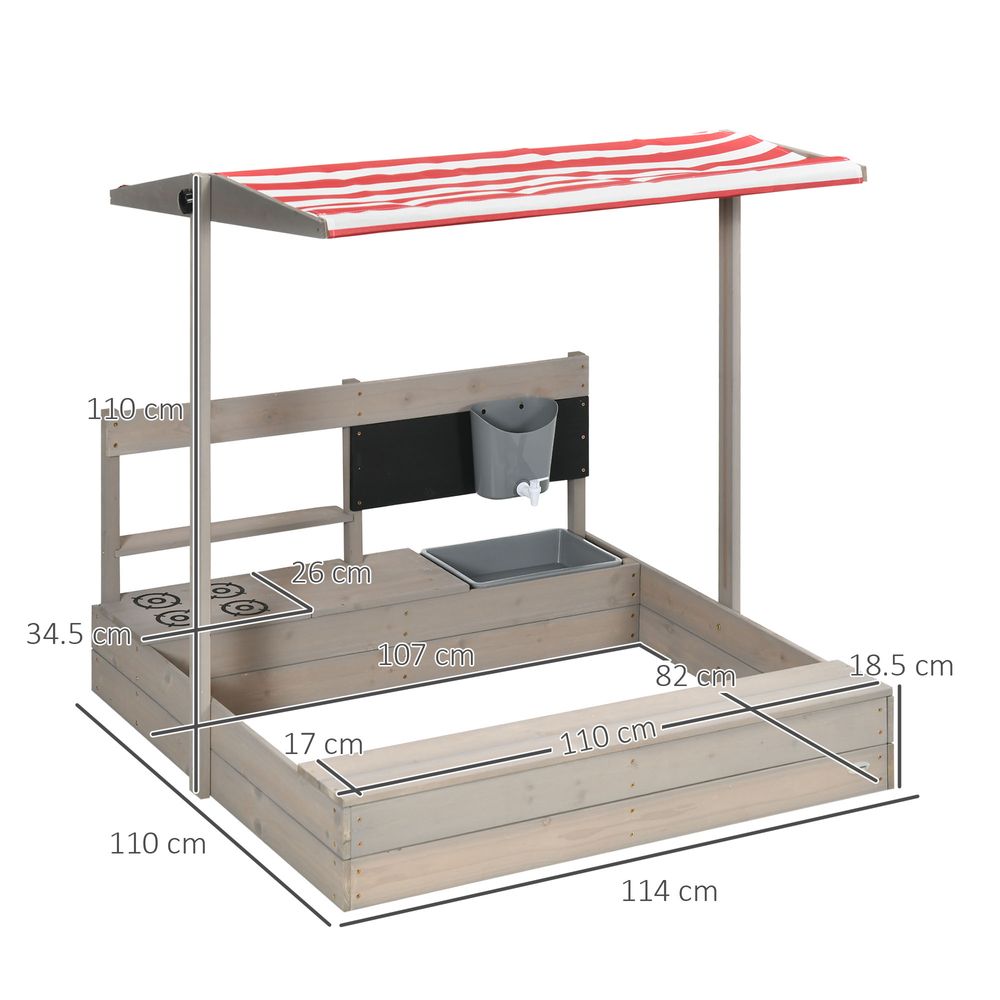 Kids Wooden Sandbox w/ Canopy, Kitchen Toys, Seat, Storage, for Outdoor