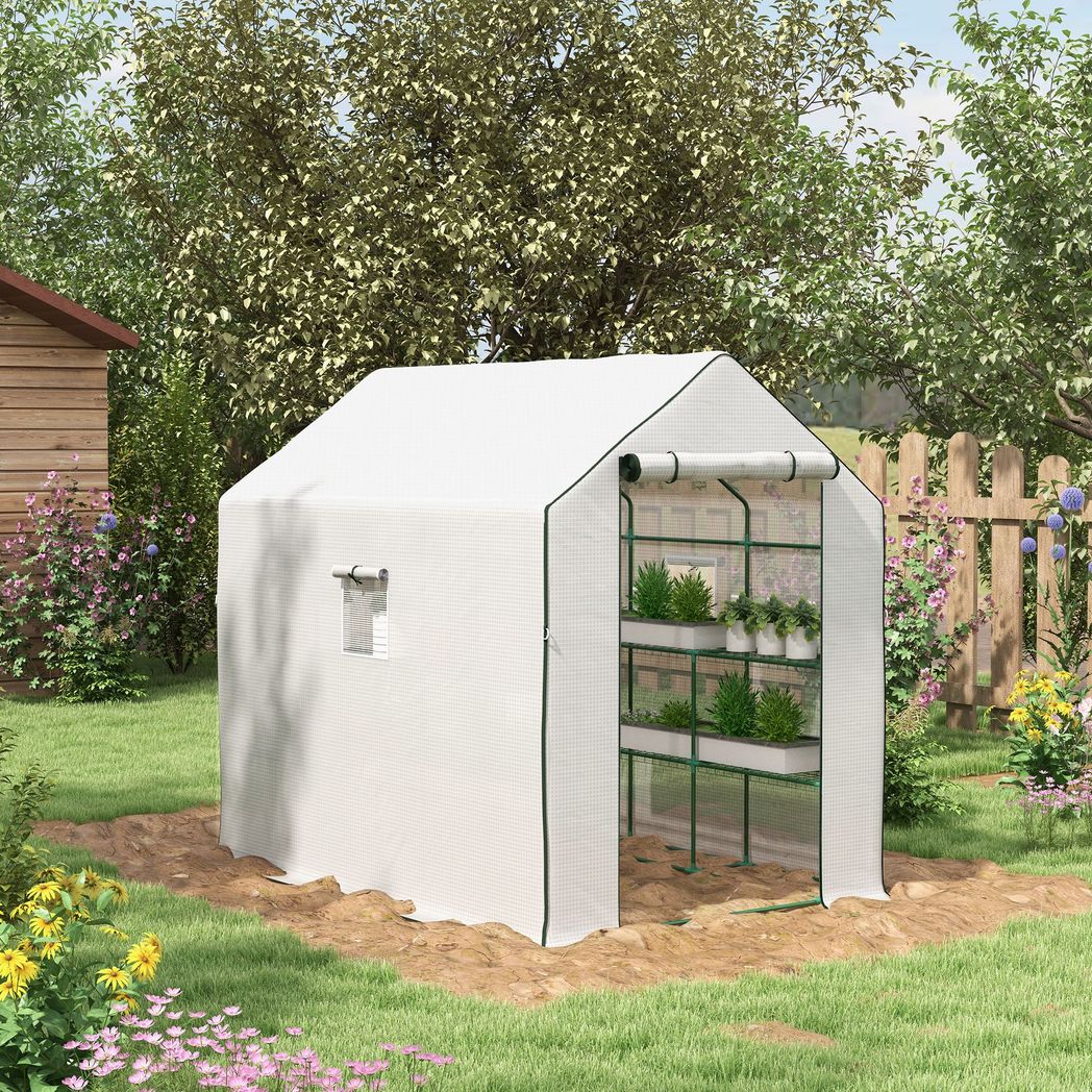 Outsunny Walk-in Outdoor Green House with Door and Mesh Windows, White