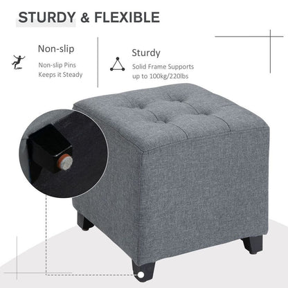 Linen-Look Square Ottoman Footstool Button Tufts Wood Frame Padding Grey