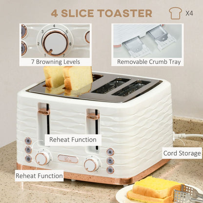 HOMCOM Kettle and Toaster Set 1.7L Rapid Boil Kettle & 4 Slice Toaster White