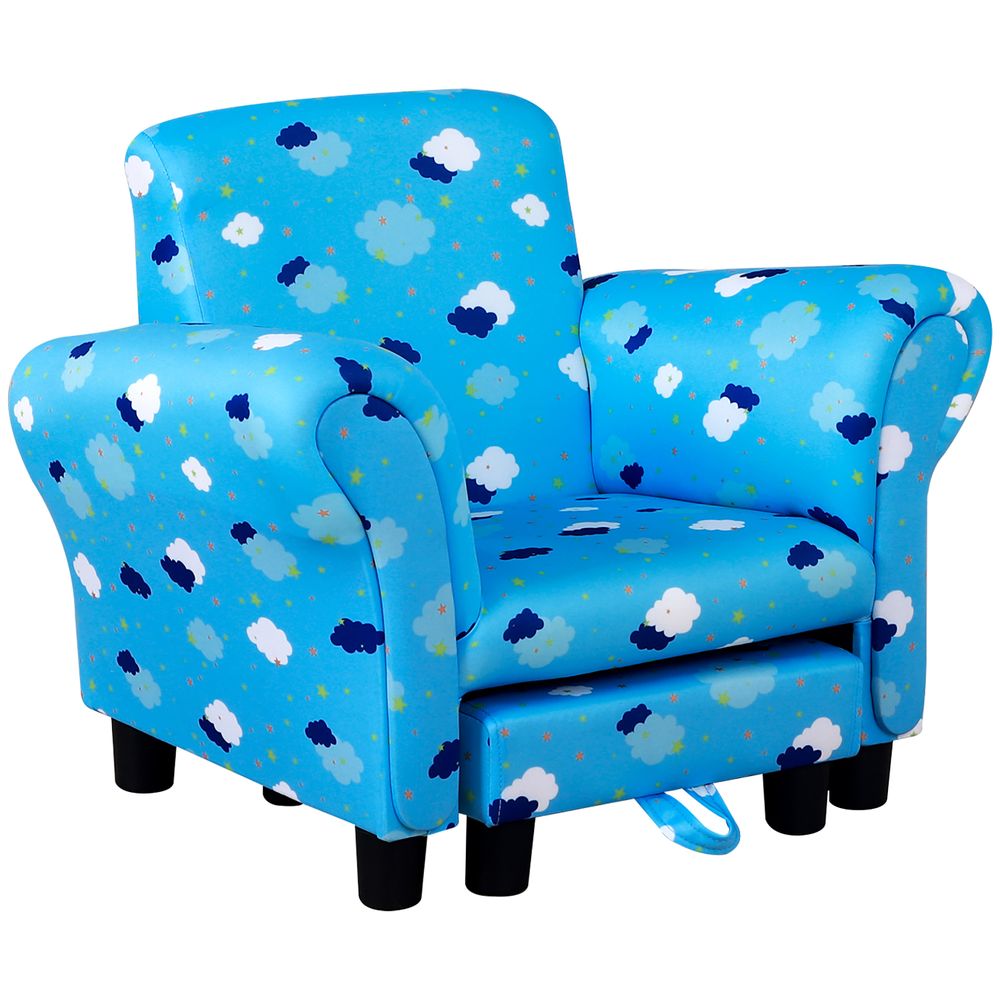 Cute Cloud Star Child Armchair Seat Wood Frame w/ Footrest Padding Blue