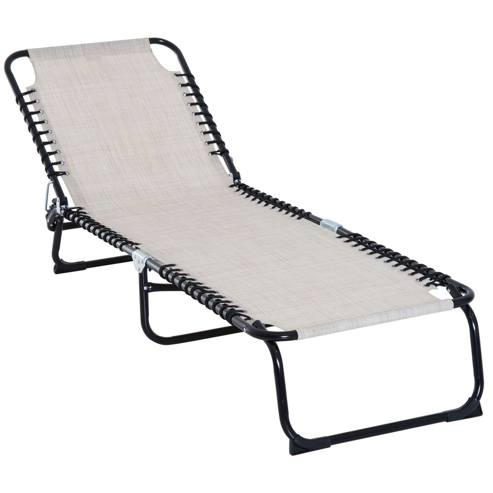 Sun Lounger Folding Chair Recliner & 4 Adjustable Backrest -  Cream & White