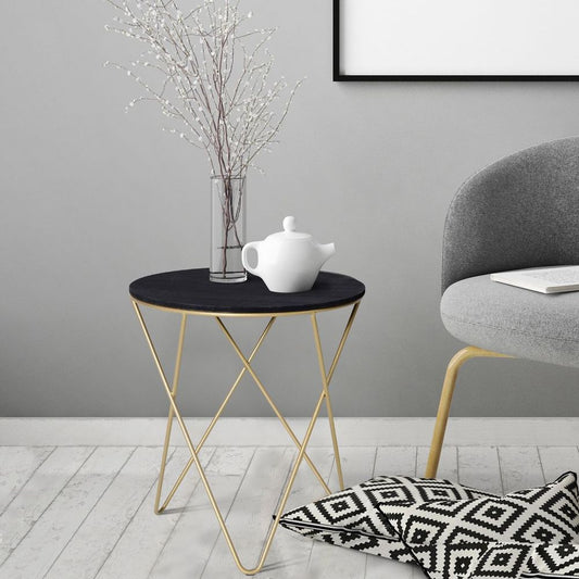 Round Coffee Table Sofa End Side Wood Metal Bedside Table  - Black Gold