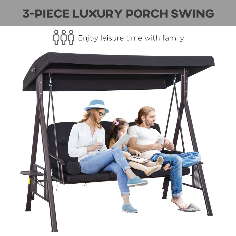 3 Seater Garden Swing Chair Patio Swing Bench w/ Cup Trays Black