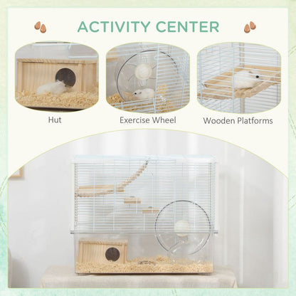 PawHut Hamster Cage, Gerbilarium Cage w/ Deep Bottom, Ramp, Exercise Wheel