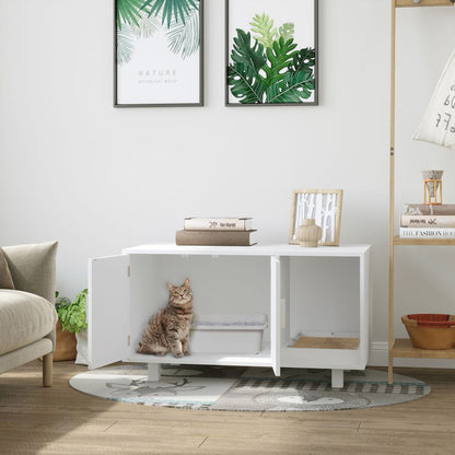 Cat Litter Box Enclosure & House w/ Nightstand/End Table Design, White Pawhut