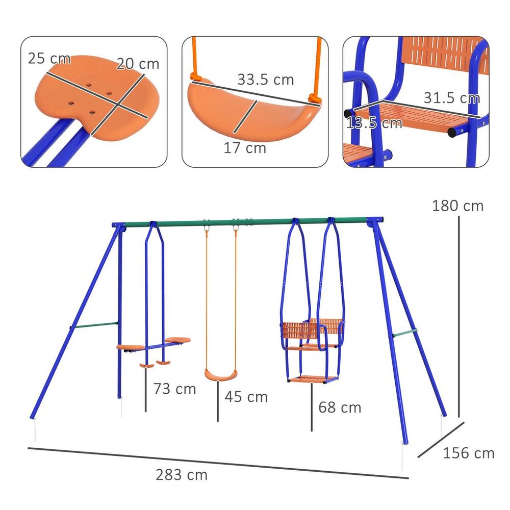 Outsunny 3 in 1 Metal Kids Swing Set with Swing, Glider, Rocking Chair, Orange