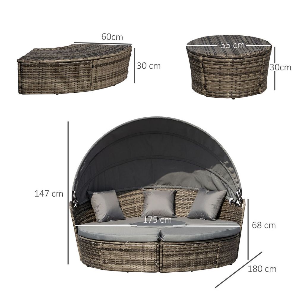 5 PCs Cushioned Outdoor Plastic Rattan Round Sofa Bed Table Set Grey