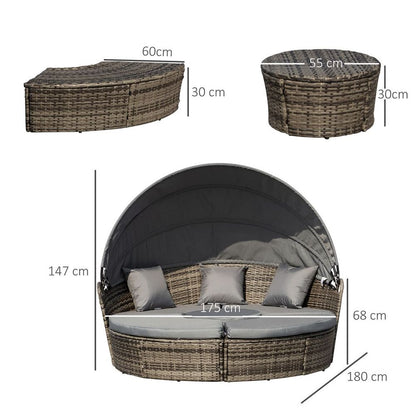 5 PCs Cushioned Outdoor Plastic Rattan Round Sofa Bed Table Set Grey