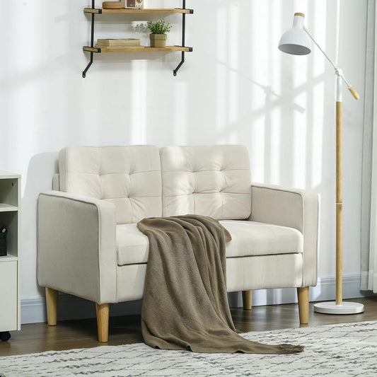 Compact Loveseat Sofa 2 Seater Sofa with Storage and Wood Legs Cream