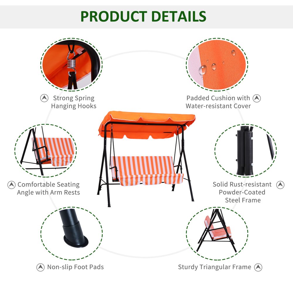 Outdoor Metal Hammock Swing Chair 3-Seater Patio Bench Garden Orange