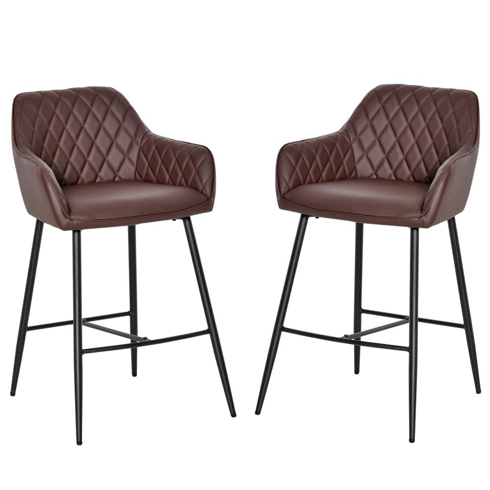 Set Of 2 Retro PU Leather Bar Chairs Set Stylish w/ Footrest Metal Frame