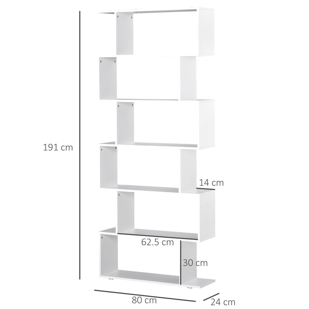 Wooden S Shape Bookcase Storage Display 6 Shelves Room Divider Cabinet-White