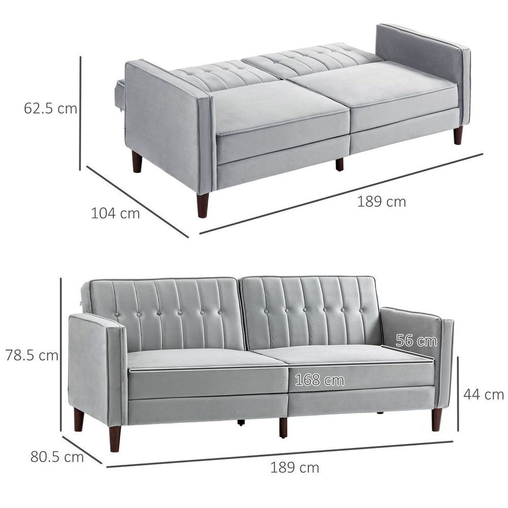 HOMCOM Convertible Sofa Futon Velvet-Touch Tufted Couch Sofa Bed Split Back Grey