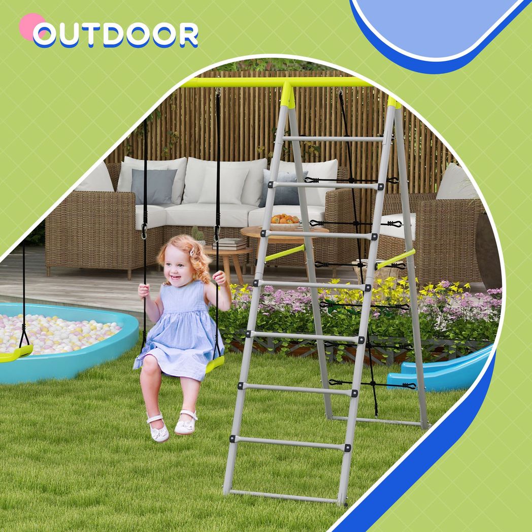 Outsunny 4-in-1 Metal Kids Swing Set with Double Swings, Climber, Climbing Net