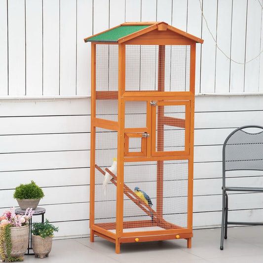 Wooden Bird Cage Outdoor Aviary for Finches w/ Removable Tray - Orange Pawhut