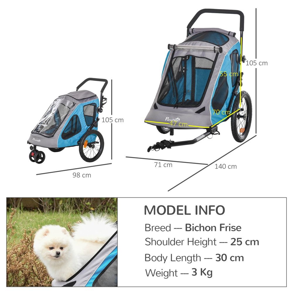 2-IN-1 Dog Bike Trailer Pet Carrier Stroller Reflector 140 x 71 x 105cm Pawhut