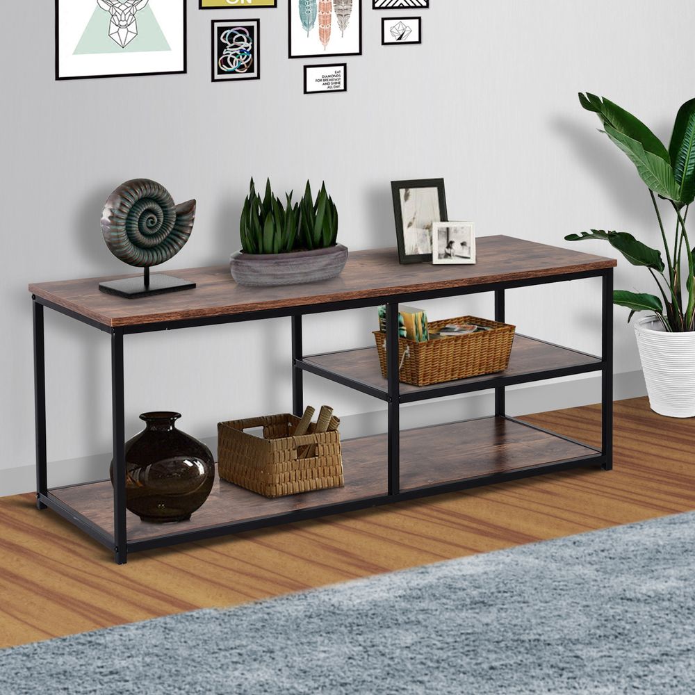 Steel Frame Industrial Style TV Stand w/ Shelf Black/Brown