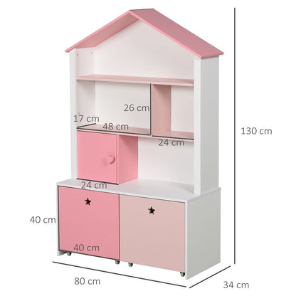 HOMCOM Kids Bookshelf Chest Drawer with Wheels Baby Toy Wood Organizer Pink