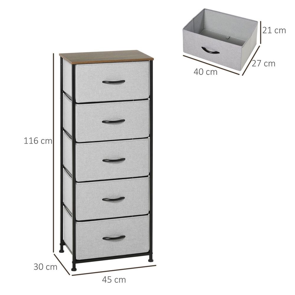 HOMCOM 5 Drawer Fabric Chest of Drawers w/ Wooden Top for Closet Hallway Grey