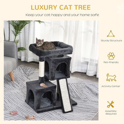 Cat Rest & Play Activity Tree w/ 2 House Perch Scratching Post Black Pawhut