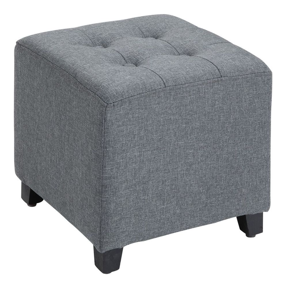 Linen-Look Square Ottoman Footstool Button Tufts Wood Frame Padding Grey