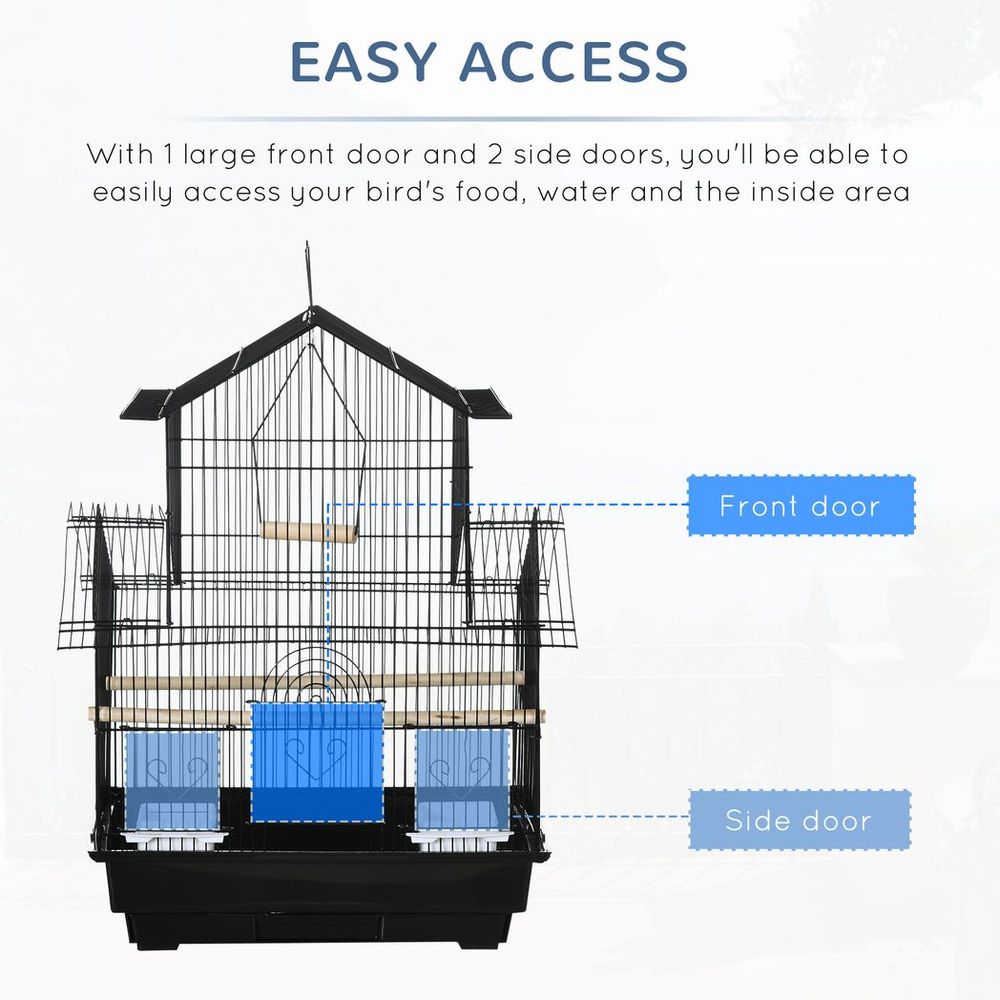 Metal Bird Cage w/ Plastic Perch Food Container Handle 50.5 x 40 x 63cm Black