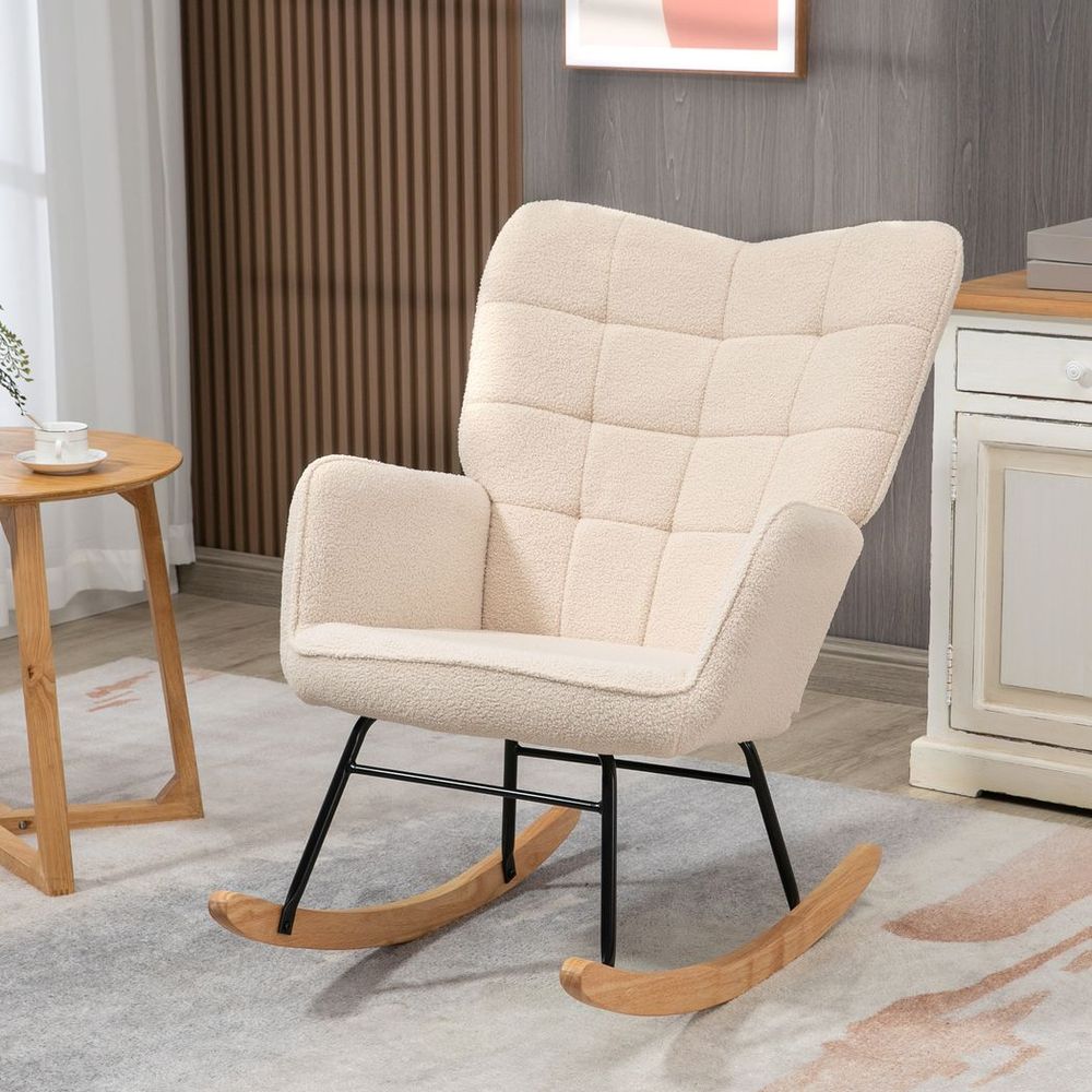 Wingback Rocking Chair for Nursing w/ Steel Frame and Wooden Base Beige