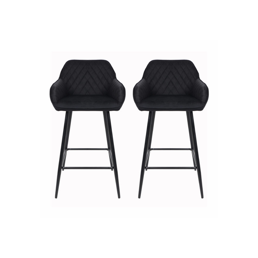 Set of Two Cadiz Black Crushed Velvet Bar Stools with Black Metal Leg