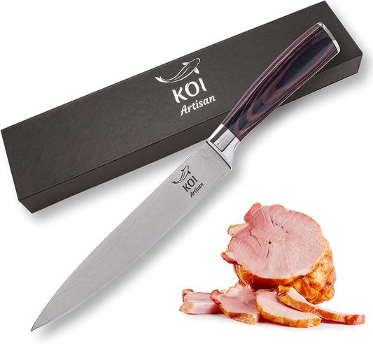 KOI ARTISAN Professional Carving Knife - 7.7 Inch Razor Sharp Blade - High Carbon Stainless Steel Japanese Carving Knives -Stylish Damascus Chef Knife Pattern Laser Etched- Perfect for Meat Cutting