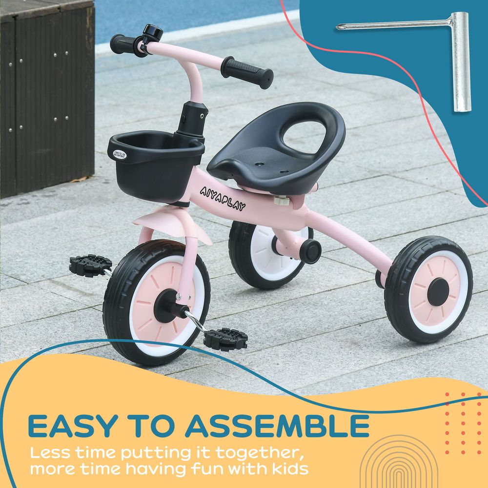 Kids Trike, Tricycle with Adjustable Seat, Basket, Bell for Ages 2-5 Years Pink