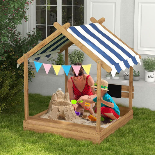 Outsunny Sand Pit with Canopy, Blackboard, Toys, Sink, Seats, Flags for Kids